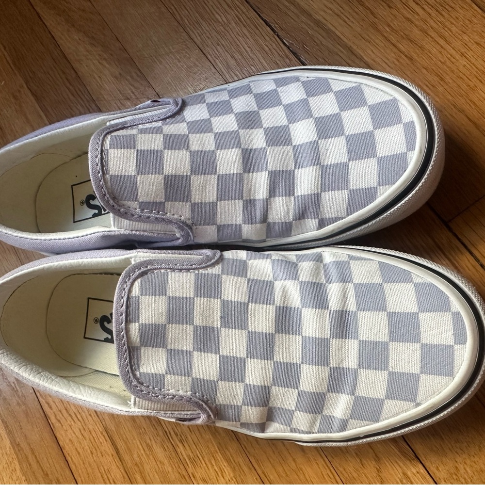 White and purple/lilac checkered vans